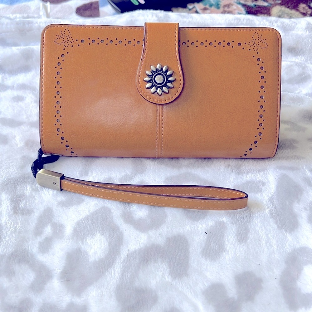 Sunflower Embellished Tan RFID Wristlet Wallet